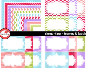 Clementine Frames & Labels: Clip Art Pack Card Making Digital Frames Page Borders Chevron Dots Stripes