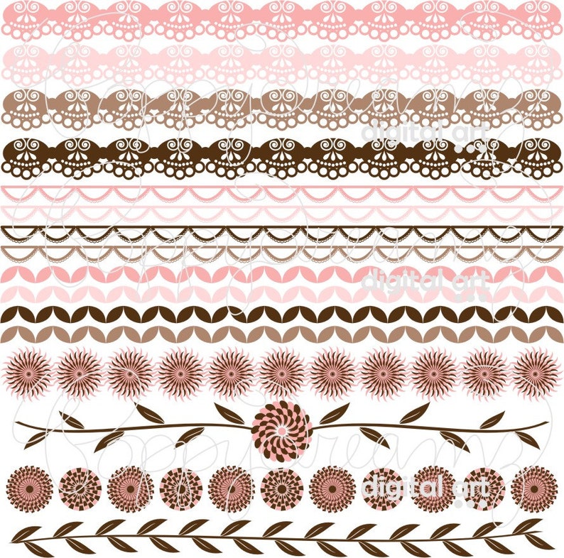 Wedding Bridal Baby Shower Floral Brown Pink 300 dpi Digital Scrapbook Paper Pack Floral Amore Borders