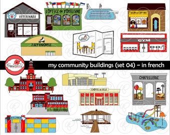 My Community Buildings (Set 04) in FRENCH Clipart: (300 dpi transparent png) School Teacher Clip Art Creative Writing Pool University