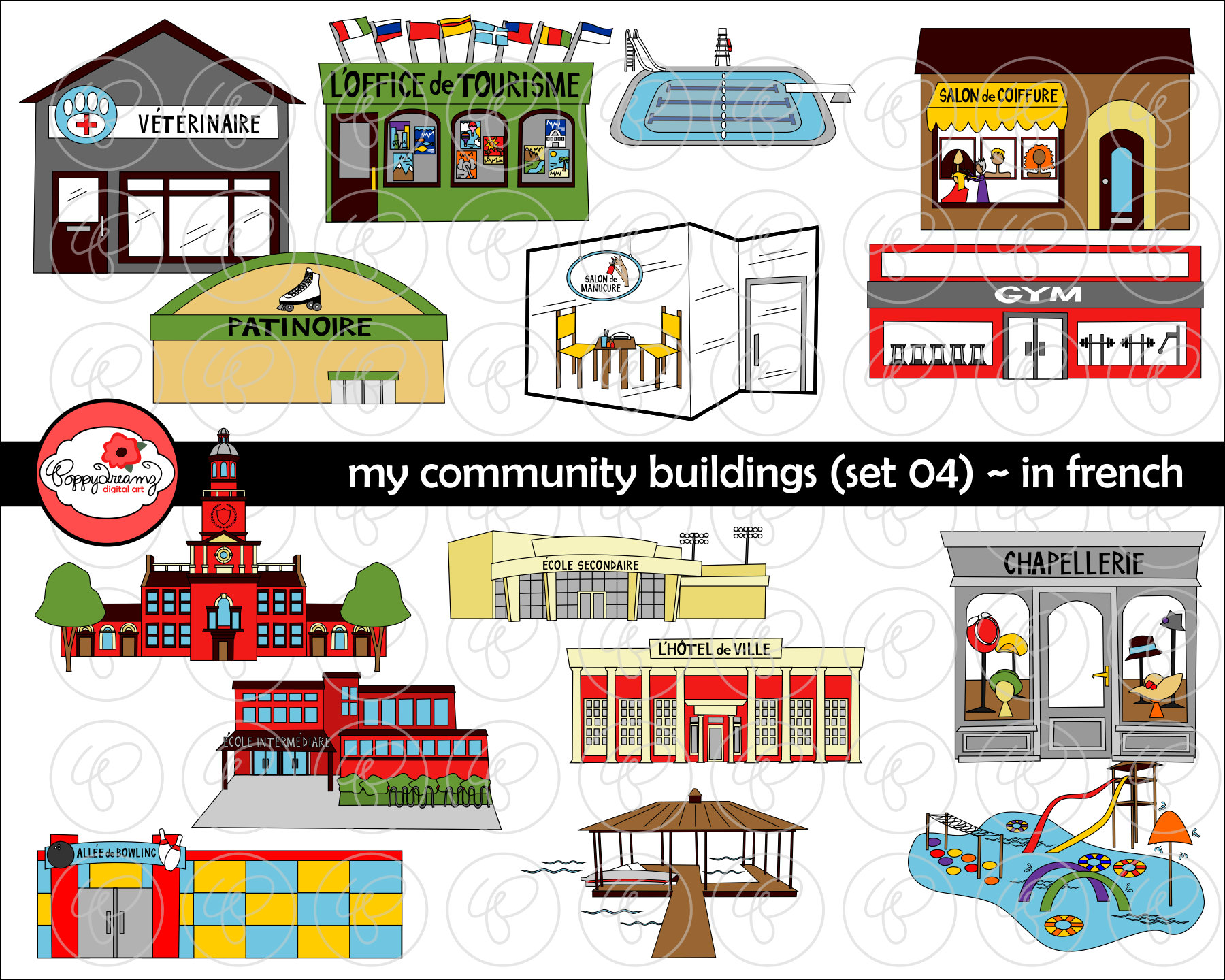 My Community Buildings set 04 in FRENCH Clipart: 300 Dpi 
