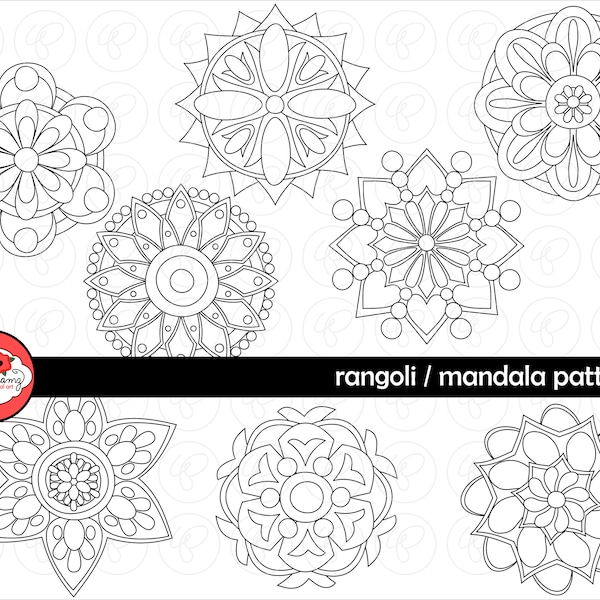 Rangoli Madala Geometric Circles Clipart SET: (300 dpi) School Teacher Coloring Pages