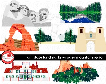 U.S. State Landmarks Rocky Mountains Region Digital Clip Art: Colorado New Mexico North Dakota South Dakota Wyoming MontanaTravel