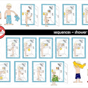 Secuencias - Conjunto de imágenes prediseñadas de la hora de la ducha (300 ppp) Imágenes prediseñadas de maestro de escuela Ducha Baño Bañarse SPED ESL PreK Kindergarten Primera infancia