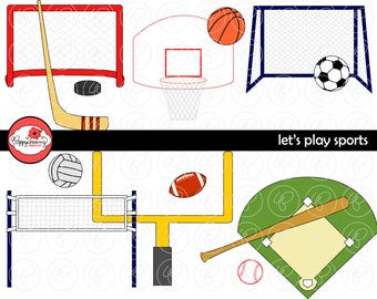Let's Play Sports Clipart Set (300 dpi) Football Baseball Soccer Basketball Volleyball Hockey
