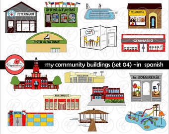 My Community Buildings (Set 04) in SPANISH Clipart: (300 dpi transparent png) School Teacher Clip Art Creative Writing Pool University