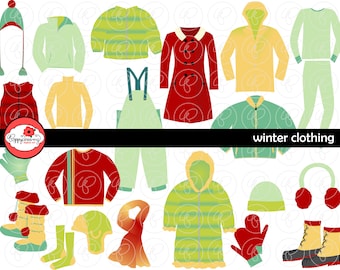 Winter Clothing Clipart Set: Digital Scrapbook Clip Art Pack (300 dpi) Coat Glove Ski Winter Hat Boots Mittens Earmuffs Scarf