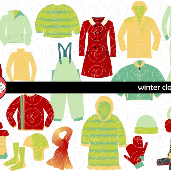 Winter Clothing Clipart Set: Digital Scrapbook Clip Art Pack (300 dpi) Coat Glove Ski Winter Hat Boots Mittens Earmuffs Scarf