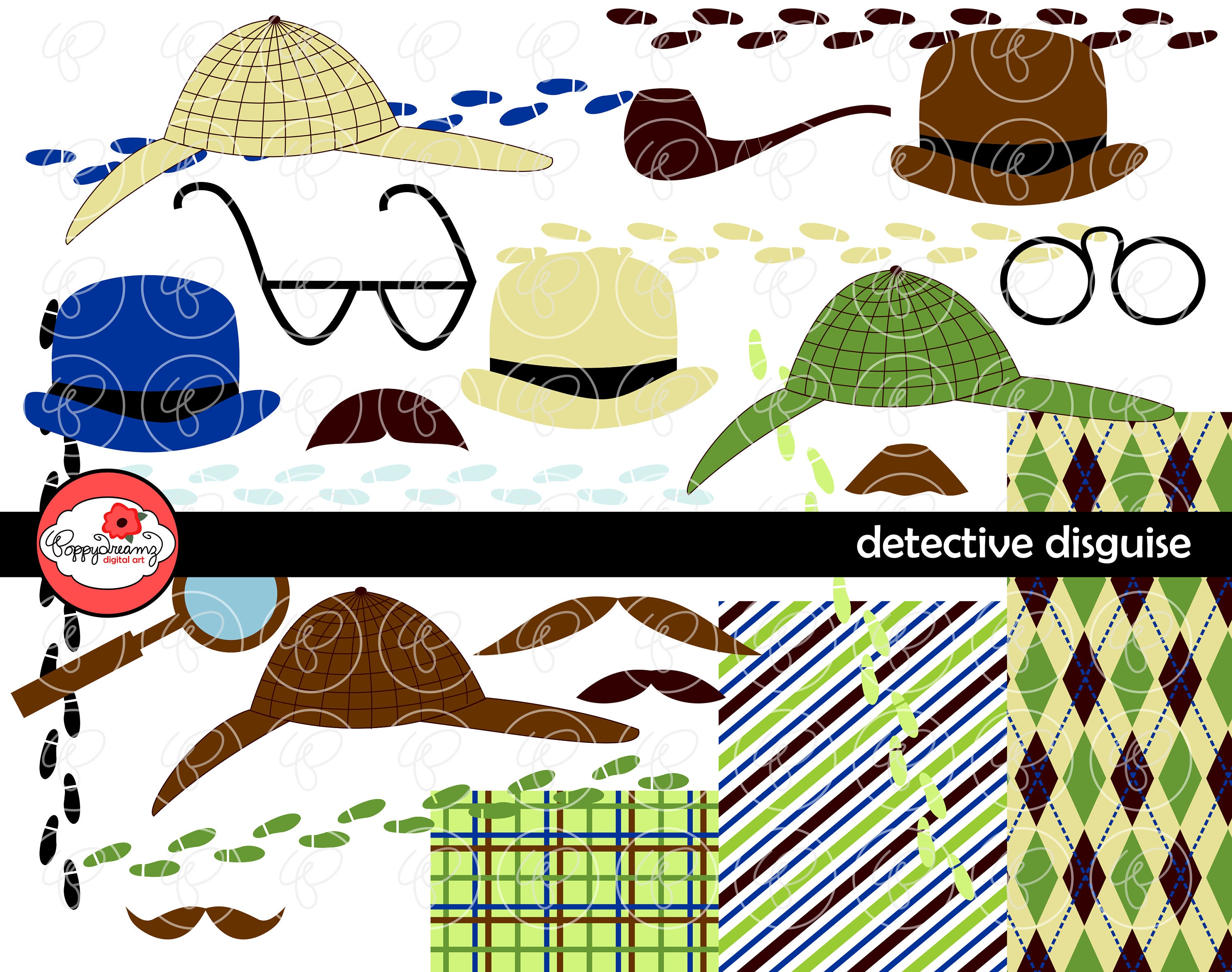 Detective Disguise Paper and Elements SET: Digital Scrapbook Paper Pack (300 dpi) Digital Dress Up Blue Green Brown