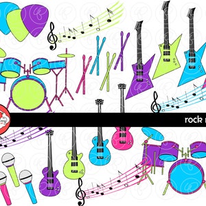 Rock N Roll Musik Clipart Set (300 dpi) E-Gitarre Drums Mikrofone Plektrum Musik