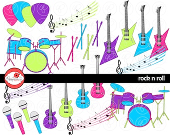 Rock N Roll Music Clipart Set (300 dpi) Electric Guitar Drums Microphones Guitar Pick Music