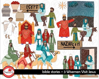 Bible Stories: 3 Wisemen Visit Baby Jesus Clipart Set by Poppydreamz Biblical Jesus Mary Joseph Angel Gabriel Bible Study Clip Art Digital