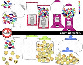 Counting Sweets Candy Gumball & Cookie Clipart Set - (300 dpi) School Teacher Clip Art Gumball Machine Cookie Jar Candy Jar Clip Art