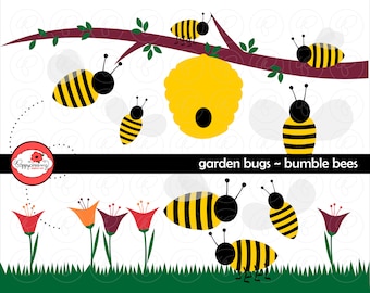 Bumble Bees: Clip Art Pack (300 dpi transparent png) Digital Bumble Bee Bumblebee Honeybee Flower Garden Clipart