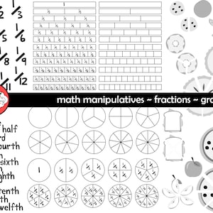 May include: Black and white math manipulatives graphic. Includes fraction bars, circles divided into sections, and fraction representations. Also features images of food cut into fractions, such as pizza, pie, and fruit. Text includes fraction names and the words "math manipulatives ~ fractions ~ grayscale."