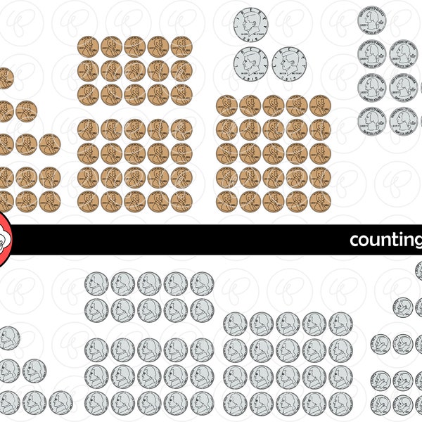 Counting Coins Money Clipart Set - (300 dpi) School Teacher Clip Art Math Manipulatives Penny Quarter Dime Nickel Counting Sets