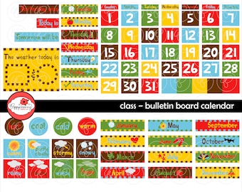 Class Bulletin Board Calendar Clipart SET: (300 dpi) School Teacher Clip Art Calendar Weather Chart Today Digital