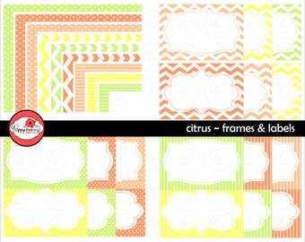 Citrus Frames & Labels: Clip Art Pack Card Making Digital Frames Page Borders Chevron Dots Stripes