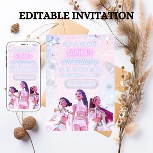 May include: An editable invitation for Sophia's 6th birthday, featuring a design with a group of animated characters. The invitation includes the event details: date, time, and location. The text "EDITABLE INVITATION" is at the top.