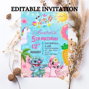Convite de aniversário para festa na piscina com costura para meninos com etiquetas de agradecimento e convite por telefone | Modelo de praia de verão para download no Canva