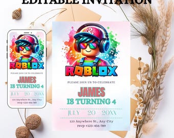 Roblox Geburtstagseinladungsvorlage: Spielparty, bearbeitbares Canva Design (Digitaler Download)