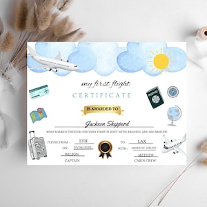 May include: A blue and white certificate with a cartoon airplane, clouds, and a sun. The text reads "My First Flight Certificate is awarded to Jackson Shepperd who soared though his very first flight with bravely and big smiles!"  Flying from: LYH on 20/06/2025. Wilson Captain. To: LAX. With: American Airline. Mathew Cabin Crew.