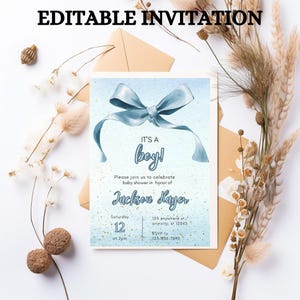 Blue Bow Baby Shower Invitation Template Printable, Baby Boy, Blue Coquette Baby Shower Invite, Baby Shower Invitation Boy Coquette Bow