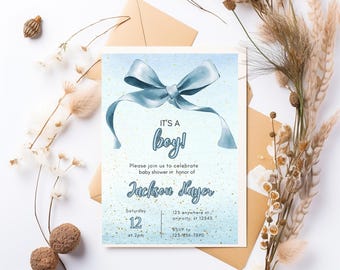 May include: A baby shower invitation with a blue watercolor bow and the text "IT'S A boy!". The invitation includes details for the event, such as the date, time, location, and RSVP information. The words "EDITABLE INVITATION" are at the top.