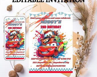 Invitación de cumpleaños de Rayo McQueen: Plantilla de Canva de Cars en acuarela (Descarga digital)