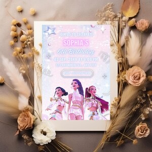 May include: A birthday invitation with a pastel color scheme, featuring the text "SOPHIA'S 6th Birthday." The invitation includes the date, time, and location. Three stylized figures are depicted at the bottom. RSVP information is also included.