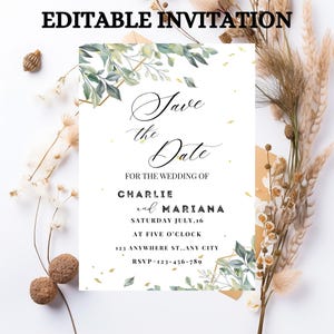 Greenery Gold Save the Date: Wedding Invitation (Digital Template)