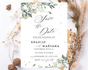 Greenery Gold Save the Date: invito di nozze (modello digitale)