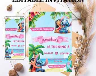 Stitch Birthday Invitation, Editable Canva Template
