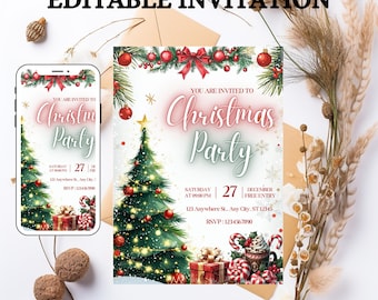 Puede incluir: Una invitación a una fiesta de Navidad con un diseño festivo. La invitación presenta un árbol de Navidad, adornos y el texto "Christmas Party". Un teléfono inteligente muestra la misma invitación. Las palabras "Editable Invitation" están en la parte superior.