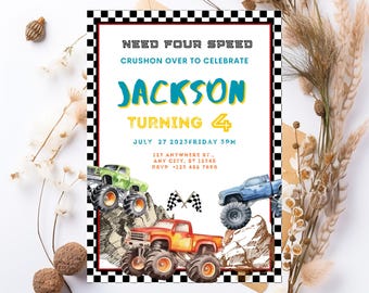 Bewerkbare verjaardagsuitnodiging van Need FOUR Speed Monstertruck, 4e verjaardag, Monstertruckfeest, Monster Jam, verjaardagsuitnodiging jongen, afdrukbaar