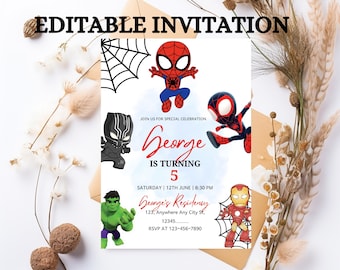 Zaproszenie urodzinowe z motywem Spidermana i Przyjaciół, impreza superbohaterów (wersja cyfrowa do pobrania)