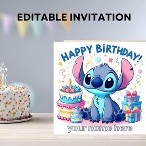 Peut inclure: Une invitation d'anniversaire avec un personnage de dessin animé bleu aux grandes oreilles et les mots "Happy Birthday!". La carte comprend également un gâteau d'anniversaire, des cadeaux emballés et le texte "your name here".