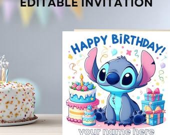 編集可能なスティッチバースデーカード、パーソナライズされたパーティー招待状（デジタルダウンロード）