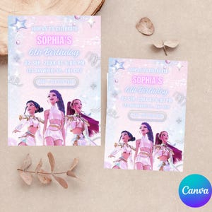 May include: Two birthday party invitations with a light blue and pink gradient background. The invitations read "Sophia's 6th Birthday" with event details. The invitations feature a group of animated figures.