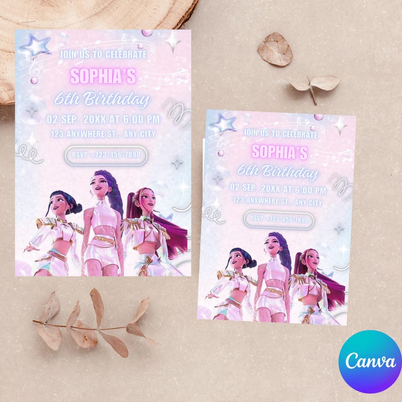 May include: Two birthday party invitations with a light blue and pink gradient background. The invitations read "Sophia's 6th Birthday" with event details. The invitations feature a group of animated figures.