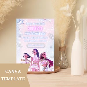 May include: A birthday party invitation template with a light blue and pink gradient background. The invitation reads "JOIN US TO CELEBRATE SOPHIA'S 6th Birthday" with event details. The bottom features a graphic of three people. The words "CANVA TEMPLATE" are at the bottom.