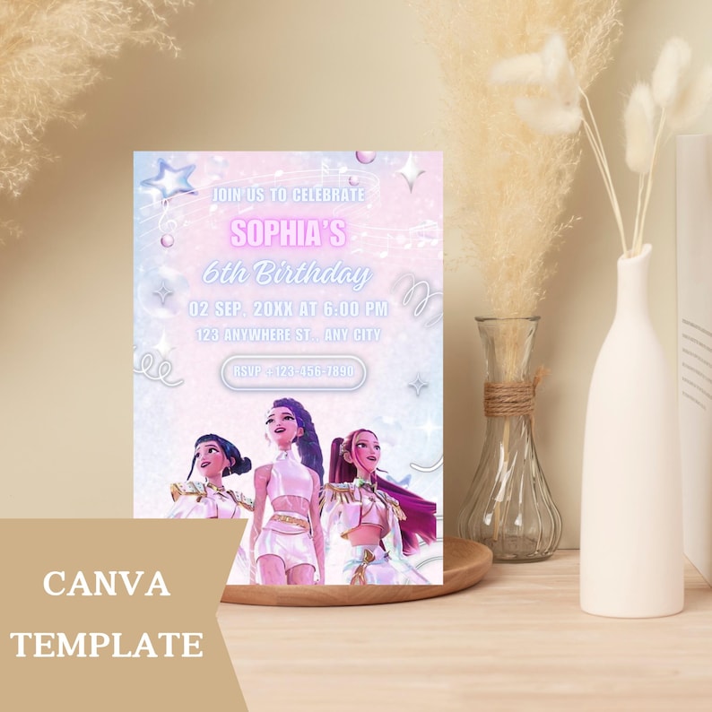 May include: A birthday party invitation template with a light blue and pink gradient background. The invitation reads "JOIN US TO CELEBRATE SOPHIA'S 6th Birthday" with event details. The bottom features a graphic of three people. The words "CANVA TEMPLATE" are at the bottom.