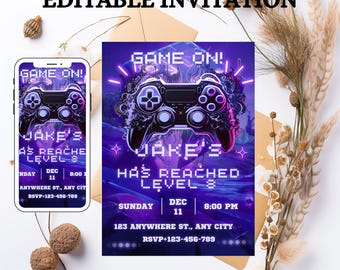 Green Gamer Birthday Invitation, Level Up Party (Editable Canva Template)