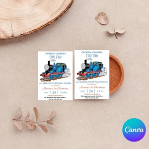 May include: Two birthday invitations featuring a blue cartoon train with the text "CHUGGA CHUGGA TWO TWO". The invitations read "Jordan's 1st Birthday" with date and time details. The Canva logo is visible.