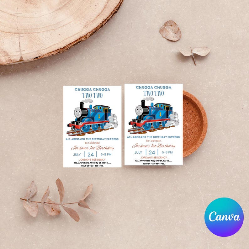 May include: Two birthday invitations featuring a blue cartoon train with the text "CHUGGA CHUGGA TWO TWO". The invitations read "Jordan's 1st Birthday" with date and time details. The Canva logo is visible.