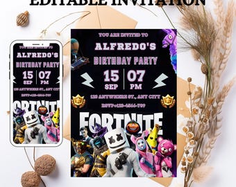 Fort spel verjaardagsuitnodiging bewerkbare verjaardagsuitnodiging download CANVA sjabloon verjaardagsfeestje videogame verjaardag gamer kaart gamer partij