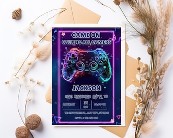 Jeu néon sur invitation d'anniversaire, fête de joueur modifiable (téléchargement numérique)