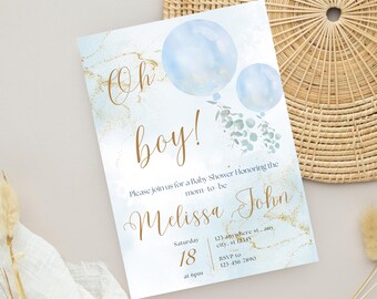 May include: A baby shower invitation card with a blue watercolour background and gold accents. The card features two blue balloon illustrations and the text "Oh boy!" in gold script. The invitation includes details such as the date, time, and RSVP information.