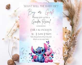 Stitch Gender Reveal Invitation: Pink & Blue Baby Shower (Canva Template)