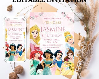 Verjaardagsuitnodiging prinses, roze en goud (bewerkbare digitale sjabloon)
