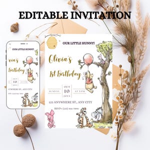 Classic Winnie the Pooh Birthday Invitation: Editable Template (Digital Download)